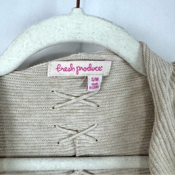 Fresh Produce Women’s S/M Tan Ribbed Open Front Cardigan Sweater Hooded Bohemian - Picture 5 of 11